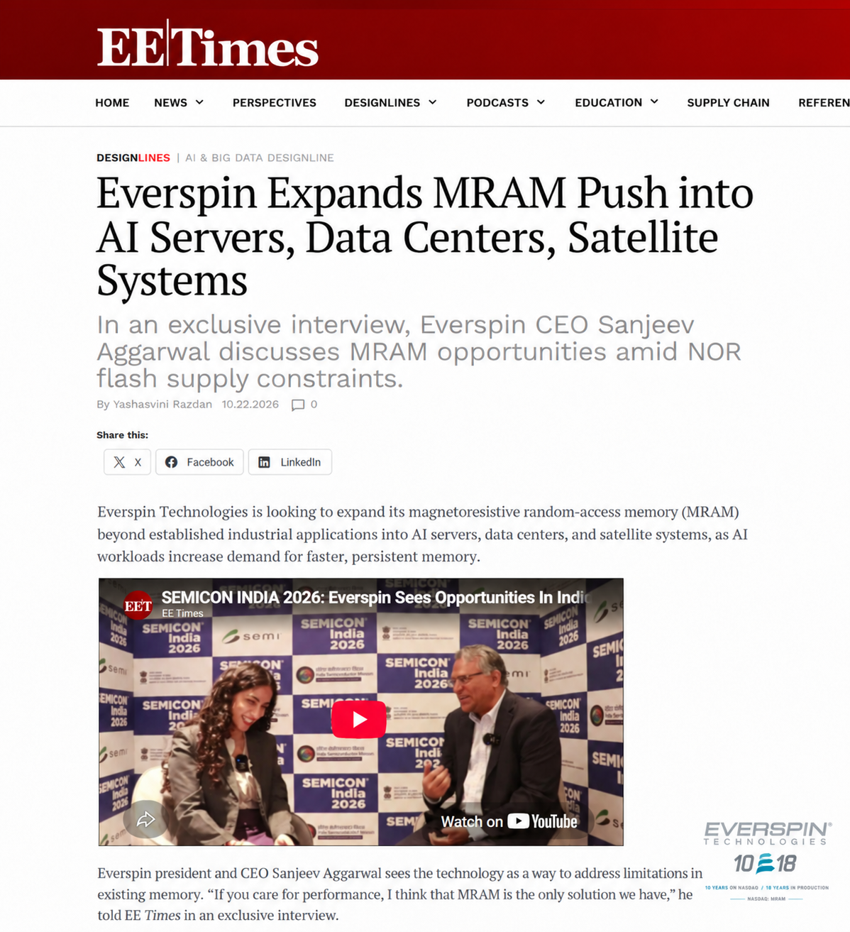 screen shot of the EE Times article