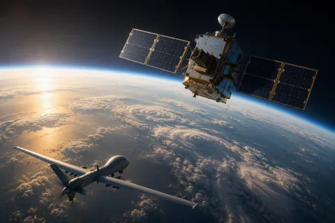 Satellite in low-Earth orbit and unmanned aerial vehicle operating above Earth, representing aerospace, avionics, satellite, and drone platforms that require reliable non-volatile memory, persistent data storage, and mission-critical electronics enabled by Everspin PERSYST STT-MRAM.