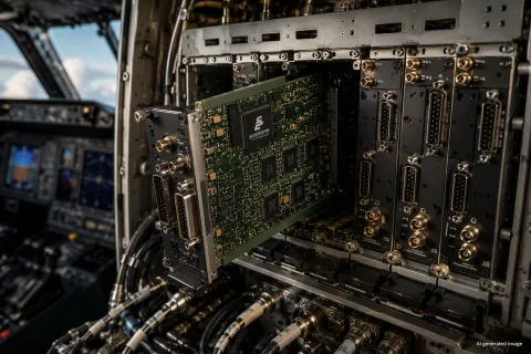 Mission-critical avionics computer with rugged electronics modules and embedded processing hardware inside an aircraft. The image represents MIL-STD-1553 bus controller and remote terminal applications that require reliable non-volatile memory, persistent data storage, and Everspin PERSYST™ MRAM for aerospace and space systems.