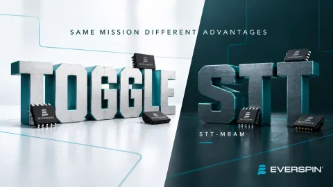 Everspin AI graphic comparing Toggle MRAM and STT-MRAM, featuring Everspin memory chips with the message “Same mission, different advantages.”