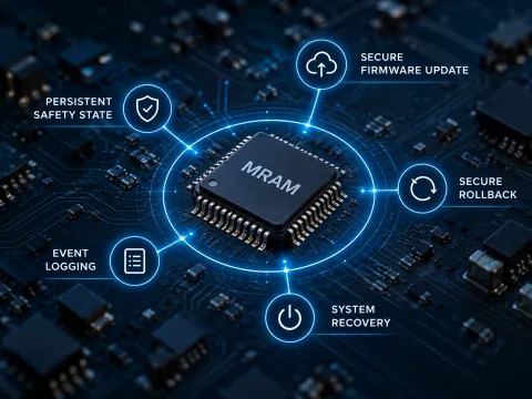 Illustration of an MRAM (magnetoresistive random access memory) chip highlighting its role in embedded system cybersecurity, including persistent safety-state storage, event logging, secure firmware updates, rollback and system recovery.
